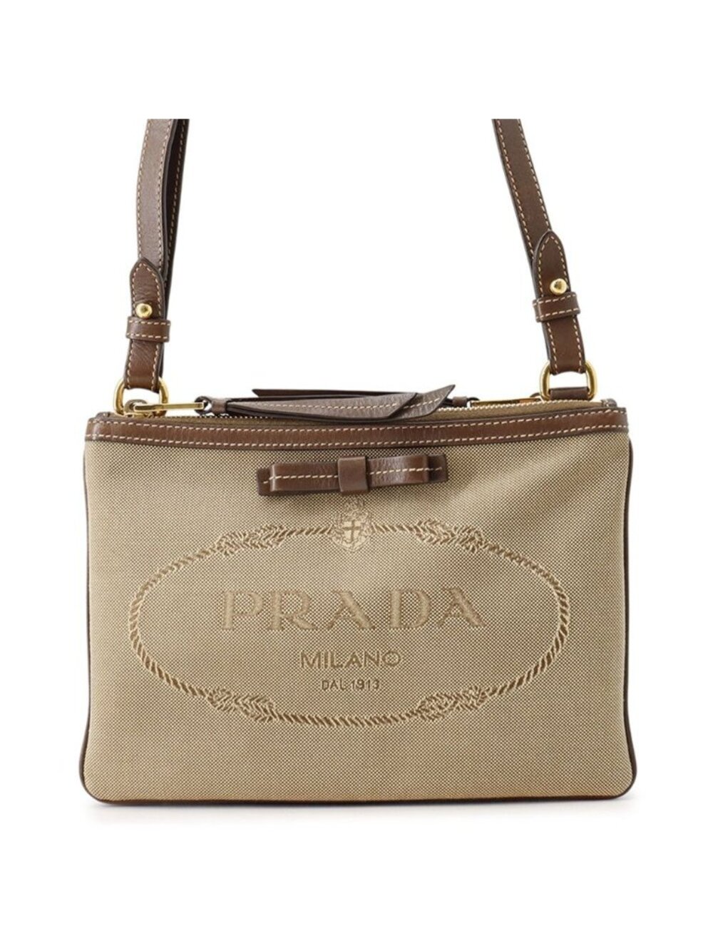 Prada Shoulder Bag Ribbon Logo Jacquard Canvas Leather